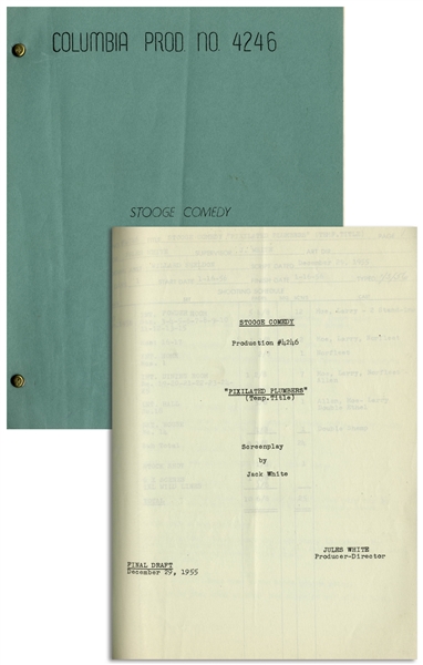 Moe Howard's 11pp. Script Dated December 1955 for The Three Stooges Film ''Scheming Schemers'' -- With Additional 9pp. of Shooting Schedule, Script Revisions & Shot List -- Very Good Condition